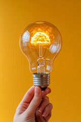 Poster - A hand grasping a light bulb radiates bright light on a yellow backdrop, representing inspiration and original thinking in a visually striking manner