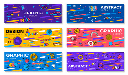 Aufkleber - Abstract geometric modern Memphis banners. Dynamic and visually striking design capture vibes of 80s ethos. Horizontal vector cards or layouts with vibrant colors, bold patterns and eclectic shapes