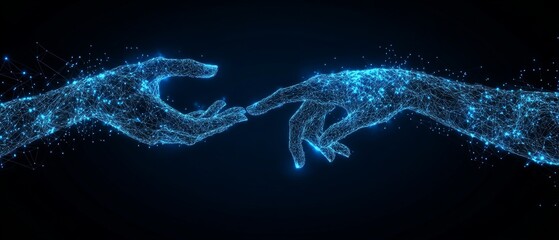 Two digital hands, composed of glowing particles, extend toward one another against a dark background, representing the idea of connection and creativity in technology