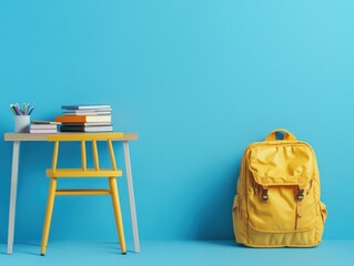 Canvas Print - Yellow Backpack and Desk with Books on Blue Background