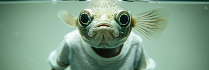 A fish with large eyes wearing a white shirt. AI.