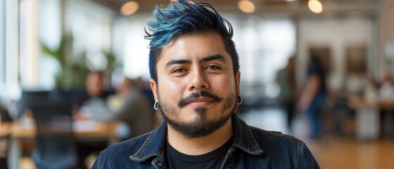 Poster - A man with blue hair and a beard smiles at the camera. AI.