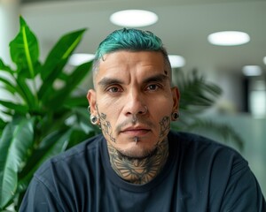 Canvas Print - A man with green hair and tattoos looks directly at the camera. AI.