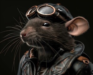 Wall Mural - A rat wearing goggles and a leather jacket. AI.