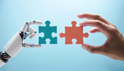 Poster - A robotic hand and a human hand are reaching for two puzzle pieces, symbolizing technology and collaboration.
