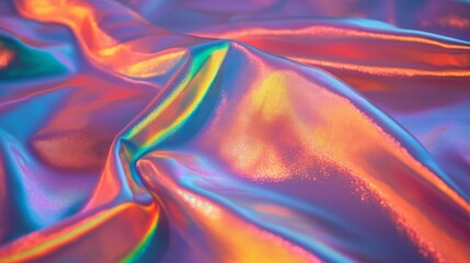 Poster - A surface of glossy, iridescent fabric displays bright, shifting colors that blend together beautifully. The material is soft and flowing, catching the light in various hues