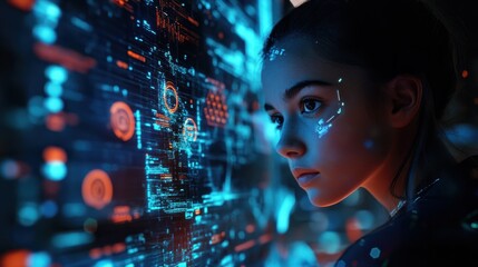 Poster - Programming coding and woma with focus, hologram and trading with cyber security, futuristic and research. Investor and employee with data analysis, server or investment with website info