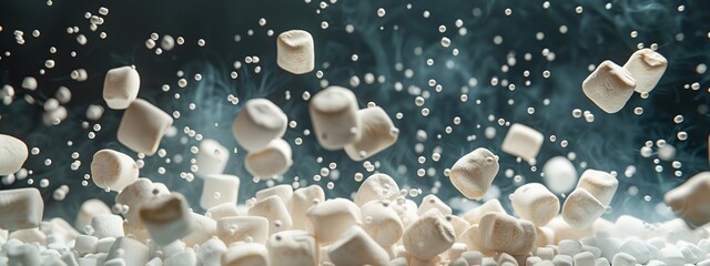 White marshmallows flying in the air with splashes on a blue background