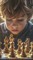 Poster - A young boy looking at a chess board with many pieces. AI.