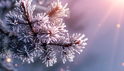 Frosted pine branches illuminated by a warm glow against a softly lit purple background, perfect for winter holiday cards or elegant decor