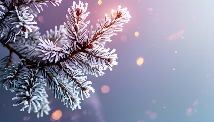 Frosted pine branches illuminated by a warm glow against a softly lit purple background, perfect for winter holiday cards or elegant decor