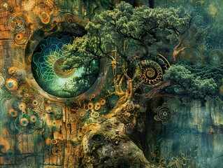 Wall Mural - Surreal Forest: Tree with Mandala and Eye Pattern