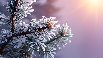 Frosted pine branches illuminated by a warm glow against a softly lit purple background, perfect for winter holiday cards or elegant decor