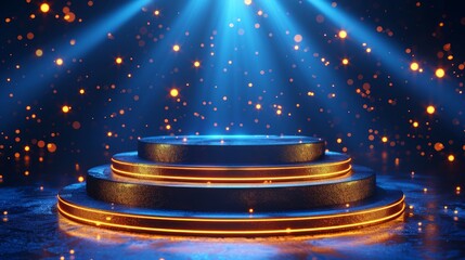 Wall Mural - empty podium golden on blue background with light neon effects with bokeh decorations. luxury scene 