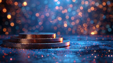 Wall Mural - empty podium golden on blue background with light neon effects with bokeh decorations. luxury scene 