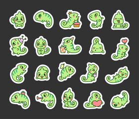 Wall Mural - Cute kawaii chameleon. Sticker Bookmark. Funny cartoon character reptile. Hand drawn style. Vector drawing. Collection of design elements.