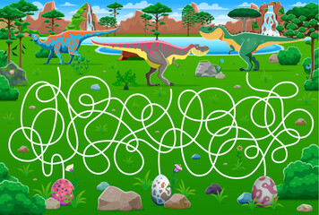 Canvas Print - Labyrinth maze game, help to prehistoric dinosaur mother find her own egg, vector worksheet. Kids game labyrinth maze with path for dinosaur mothers to find way to dino baby eggs in Jurassic park