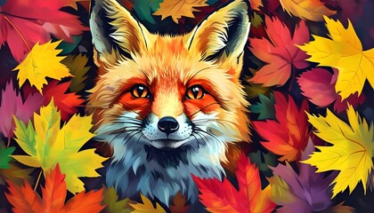 Wall Mural - Curious Fox Revealing Itself Amidst Colorful Autumn Leaves