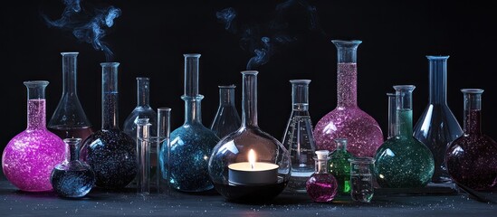 Wall Mural - A Group of Beakers with Colorful Liquids and a Lit Candle