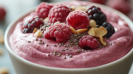 Wall Mural - Pink Smoothie Bowl with Raspberries and Chia Seeds