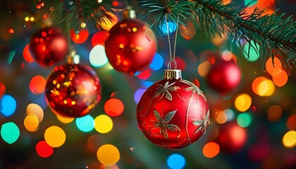 Vibrant red Christmas ornaments adorning a tree surrounded by colorful bokeh lights, perfect for holiday cards and seasonal celebrations