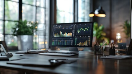 Poster - Workplace 3d render. Business and finance analytics theme.