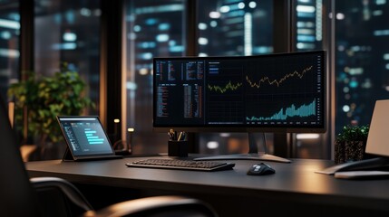 Poster - Workplace 3d render. Business and finance analytics theme.