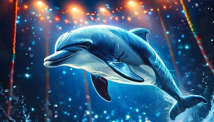 Playful Cartoon Dolphin Dazzling Audiences with Tricks in a Vibrant Circus Setting of Shimmering Blue Hues