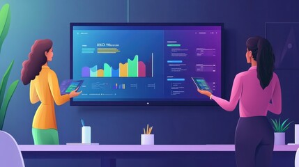 Poster - Young businesswoman presenting data analysis dashboard on TV screen in modern meeting. Business presentation with group of business people in conference room