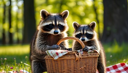 Wall Mural - Playful Raccoon Stealing Snacks from a Picnic Basket in a Bright and Cheerful Park