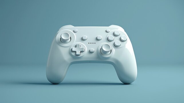 Flying gamepad on a blue background with copy space. Joystick for video game. Game controller. Creative Minimal Gaming concept. Front view. 3D rendering illustration 