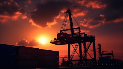 A shipping container is lifted by a crane, silhouetted against a striking, fiery sunset, capturing the industrial beauty at the docks.