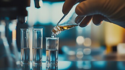 Poster - Gloved Hand Pouring Liquid from a Bottle into a Test Tube