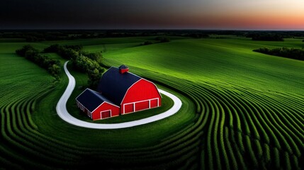 Red Barn and Winding Road: A serene aerial view of a picturesque red barn nestled amidst rolling green fields, with a winding white road leading to its entrance.