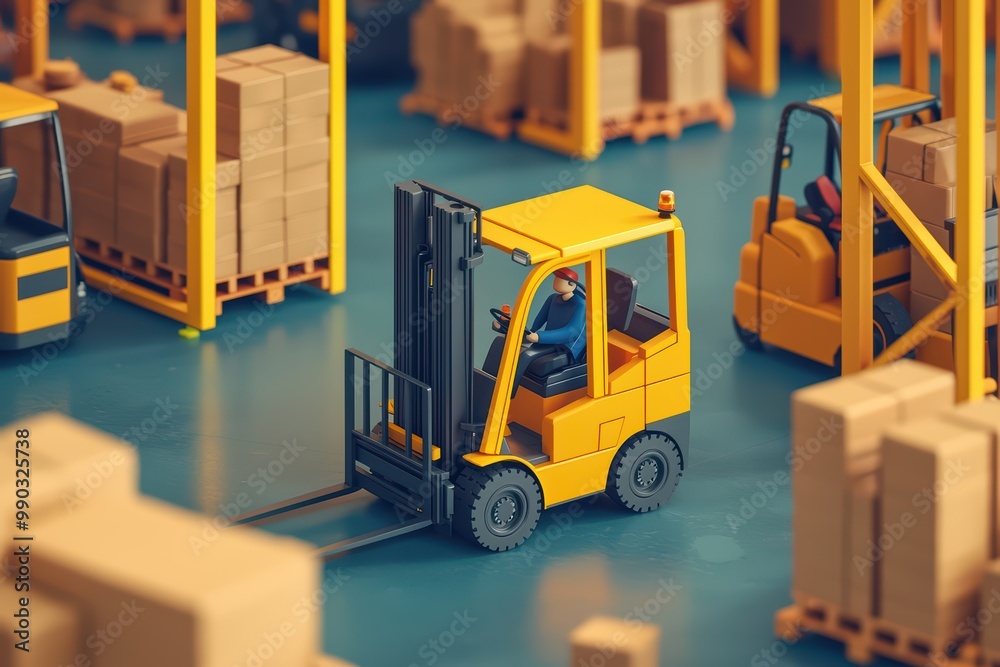 Forklift operating in a warehouse filled with stacked boxes on pallets ...