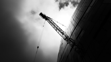 Crane Lifting Construction Materials to Build Tall Building with Modern Architecture