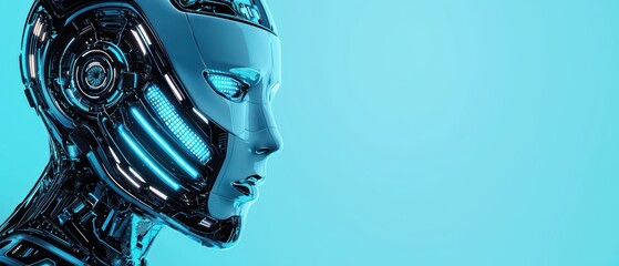 Poster - Futuristic robotic head, glowing blue accents, on a soft light background.