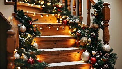 Festive wooden staircase embellished with Christmas lights and ornaments, radiating warm holiday spirit and home decor inspiration.