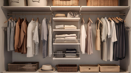 Modern walk-in closet with wooden shelves and drawers, hanging clothes