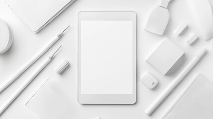 Poster - Minimalist workspace layout with tablet and stationery on a white background.