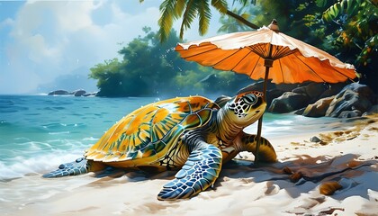 Serene Turtle Relaxing Under Colorful Umbrella on Picturesque Tropical Beach