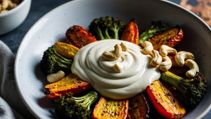 Cashew cream sauce with roasted vegetables closeup