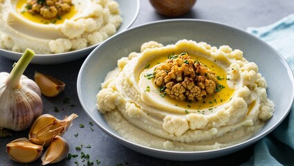 Cauliflower mash with roasted garlic closeup