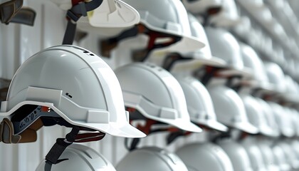 Wall Mural - Rows of White Construction Helmets Symbolizing Safety and Teamwork in Construction Context