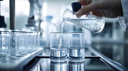 Poster - A gloved hand pouring liquid from a flask into two beakers in a lab setting