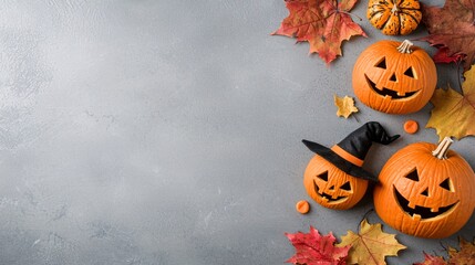 Wall Mural - A festive flat-lay banner showcasing Halloween decorations, Jack-o-lantern molds, and witch hat cookies with ample copy space for text