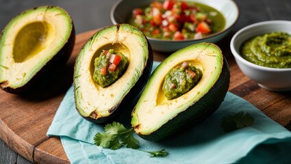 Canvas Print - Grilled avocado halves with salsa verde closeup