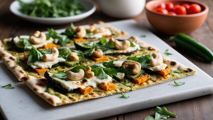 Canvas Print - Grilled vegetable flatbread with cashew cheese closeup