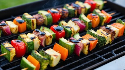 Canvas Print - Grilled veggie skewers with balsamic glaze closeup