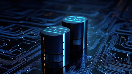 Poster - Two data servers on a digital circuit board background, showcasing advanced technology in data storage.